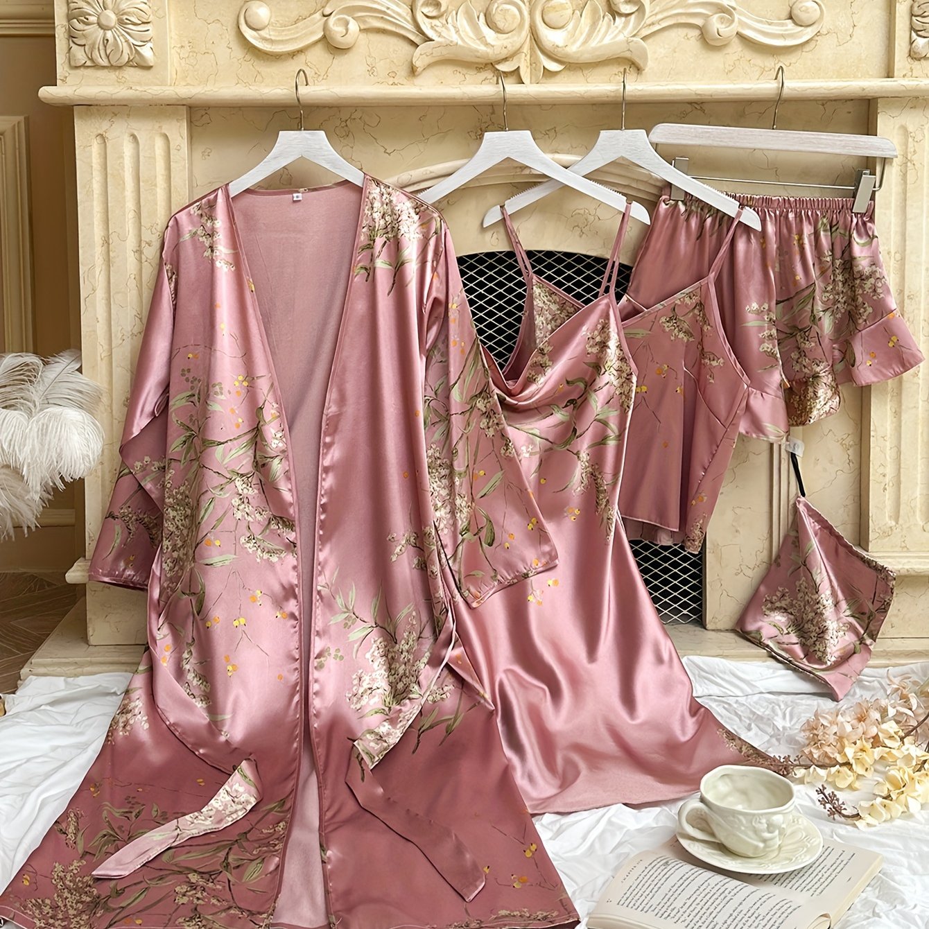 4pcs Floral Print Pajamas Set, Long Sleeve Robe + Cami Dress + Cami Top + Ruffle Hem Shorts, Women's Loungewear & Sleepwear