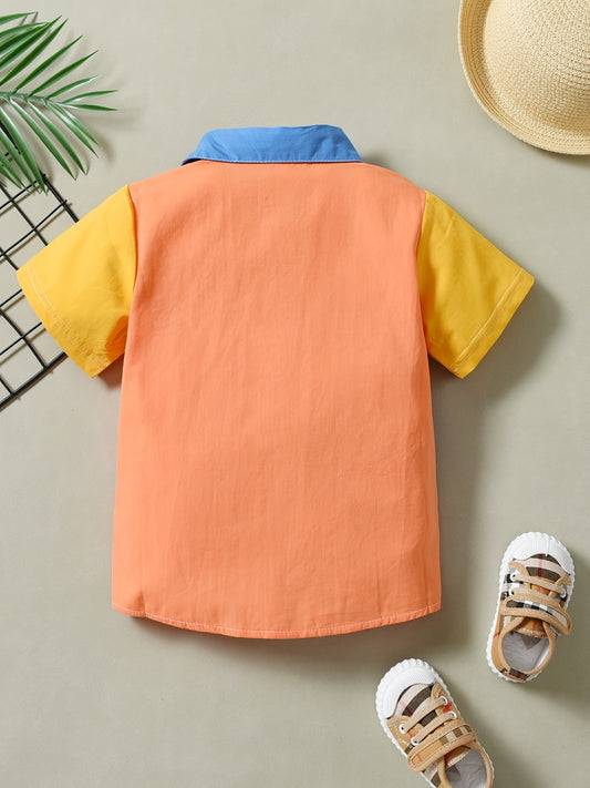 Boys Color Block Short Sleeve Shirts Button Down Cardigan Collar Shirts