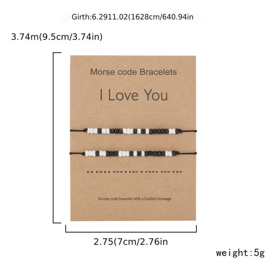 I Love You 2pcs/set Morse Code Black And White Rice Beads Woven Adjustable Couple Bracelets