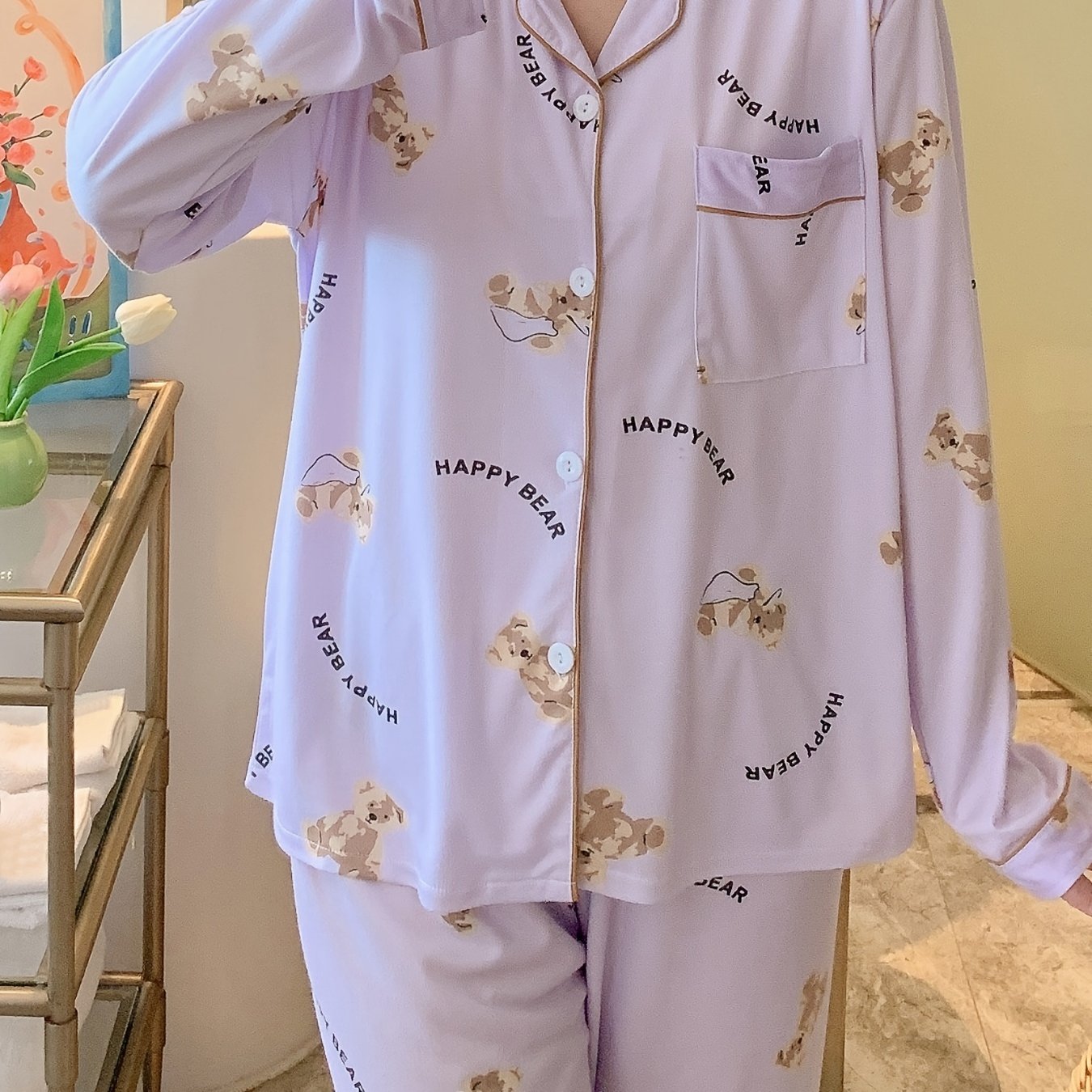 Cartoon Bear Print Pajama Set, Cute Lapel Long Sleeve Blouse Top & Elastic Waistband Pants, Women's Loungewear & Sleepwear
