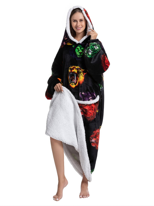 Plus Size Casual Nightgown, Women's Plus Cartoon Alpaca Print Flannel Blanket Hoodie Sleepwear Robe