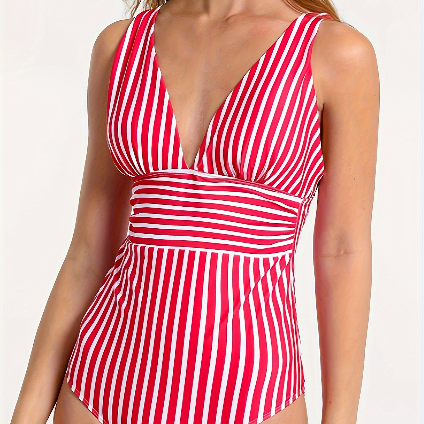 Striped Print Stretchy One Piece Swimsuit, Deep V Neck Tummy Control High Cut Bathing Suit, Women's Swimwear & Clothing