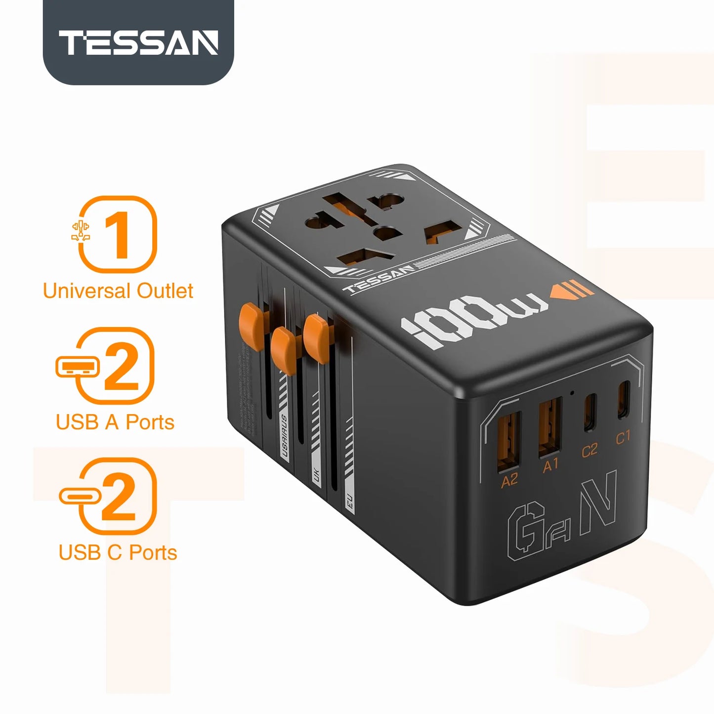 Adapter Podróżny TESSAN 140W GaN - Uniwersalny EU/UK/US/AUS + 4x USB