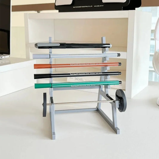 Stojak na Długopisy w Kształcie Stojaka na Sztangę - Metalowy Organizer Fitness Motyw Siłowni