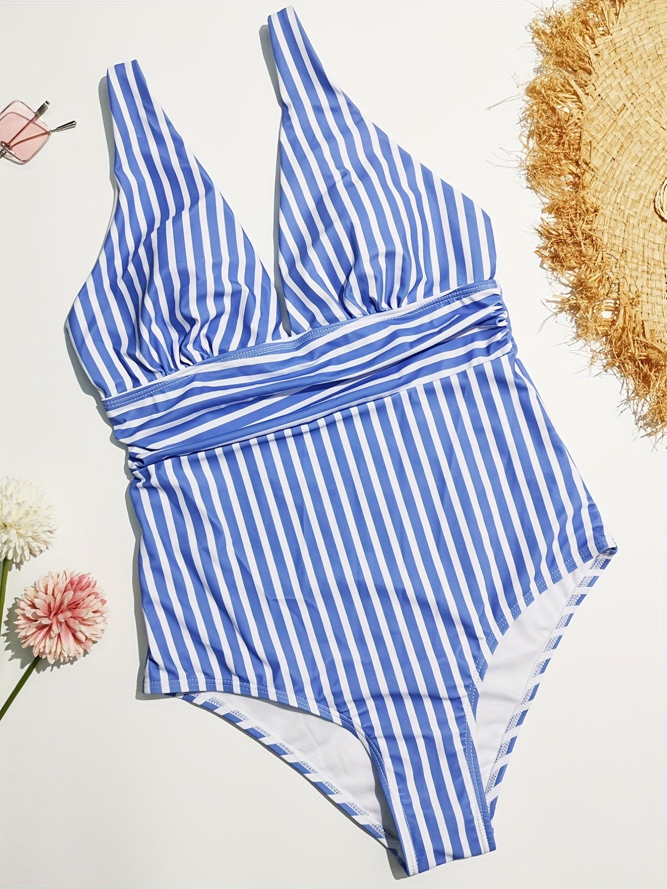 Striped Print Stretchy One Piece Swimsuit, Deep V Neck Tummy Control High Cut Bathing Suit, Women's Swimwear & Clothing