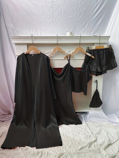 4pcs Floral Print Pajamas Set, Long Sleeve Robe + Cami Dress + Cami Top + Ruffle Hem Shorts, Women's Loungewear & Sleepwear