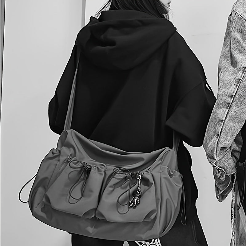 Drawstring Detail Crossbody Bag, Large Capacity Shoulder Bag, Fashion Zipper Bag With Bag Charm