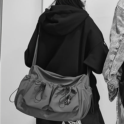 Drawstring Detail Crossbody Bag, Large Capacity Shoulder Bag, Fashion Zipper Bag With Bag Charm