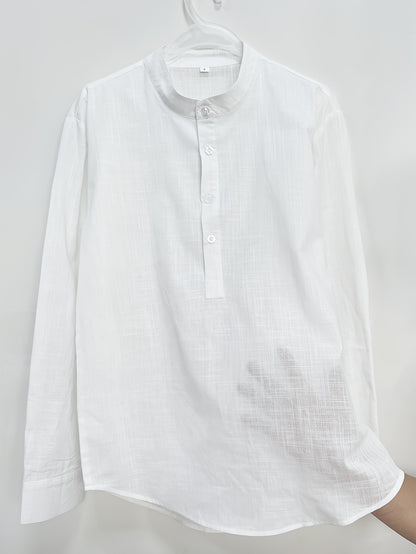 Classic Design Cotton Boat Neck Henley Shirt, Men's Casual Fit Vintage Style Long Sleeve Top For Spring Fall