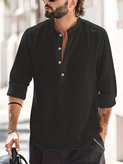 Classic Design Cotton Boat Neck Henley Shirt, Men's Casual Fit Vintage Style Long Sleeve Top For Spring Fall