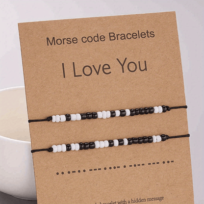 I Love You 2pcs/set Morse Code Black And White Rice Beads Woven Adjustable Couple Bracelets