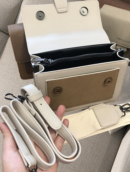 Everyday Comfort Beige Designer Women’s Handbag - Stylish Synthetic Leather Handbag with Adjustable Crossbody Strap, Compact Square Flap & Detachable Purse Charm, Vintage Handbag