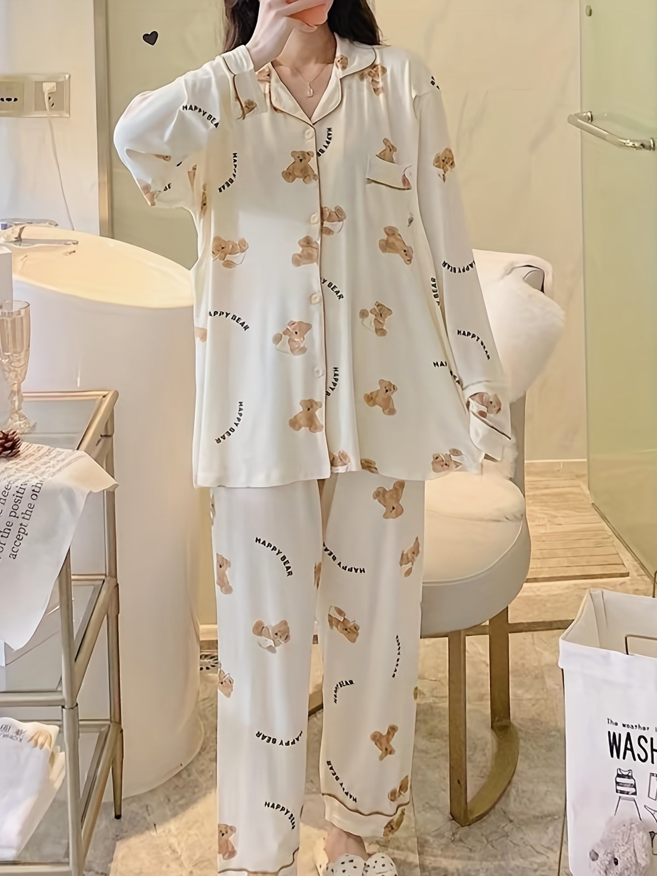 Cartoon Bear Print Pajama Set, Cute Lapel Long Sleeve Blouse Top & Elastic Waistband Pants, Women's Loungewear & Sleepwear