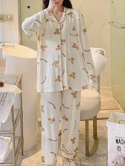 Cartoon Bear Print Pajama Set, Cute Lapel Long Sleeve Blouse Top & Elastic Waistband Pants, Women's Loungewear & Sleepwear