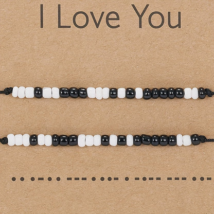 I Love You 2pcs/set Morse Code Black And White Rice Beads Woven Adjustable Couple Bracelets