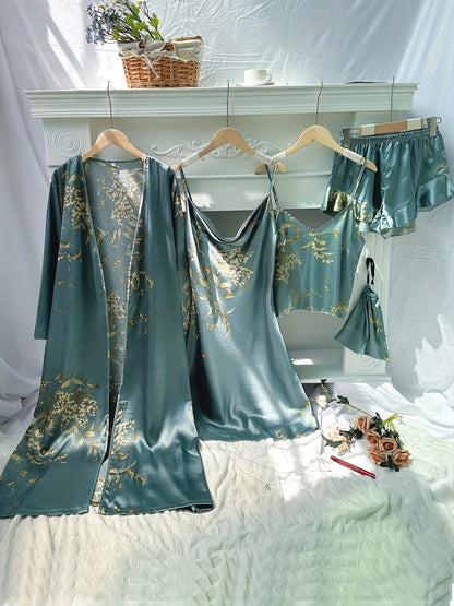 4pcs Floral Print Pajamas Set, Long Sleeve Robe + Cami Dress + Cami Top + Ruffle Hem Shorts, Women's Loungewear & Sleepwear