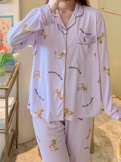 Cartoon Bear Print Pajama Set, Cute Lapel Long Sleeve Blouse Top & Elastic Waistband Pants, Women's Loungewear & Sleepwear