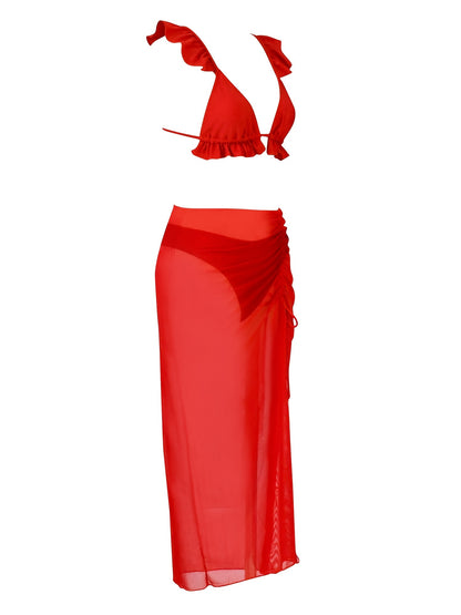 3-Pieces Lettuce Trim Bikini Sets, Deep V Neck High Cut Cover Up Skirt Solid Color Bathing Suit, Women's Swimwear & Clothing