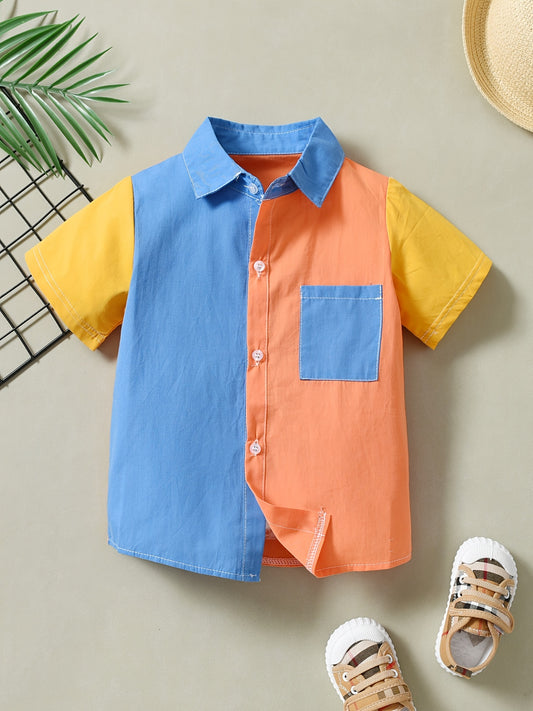 Boys Color Block Short Sleeve Shirts Button Down Cardigan Collar Shirts