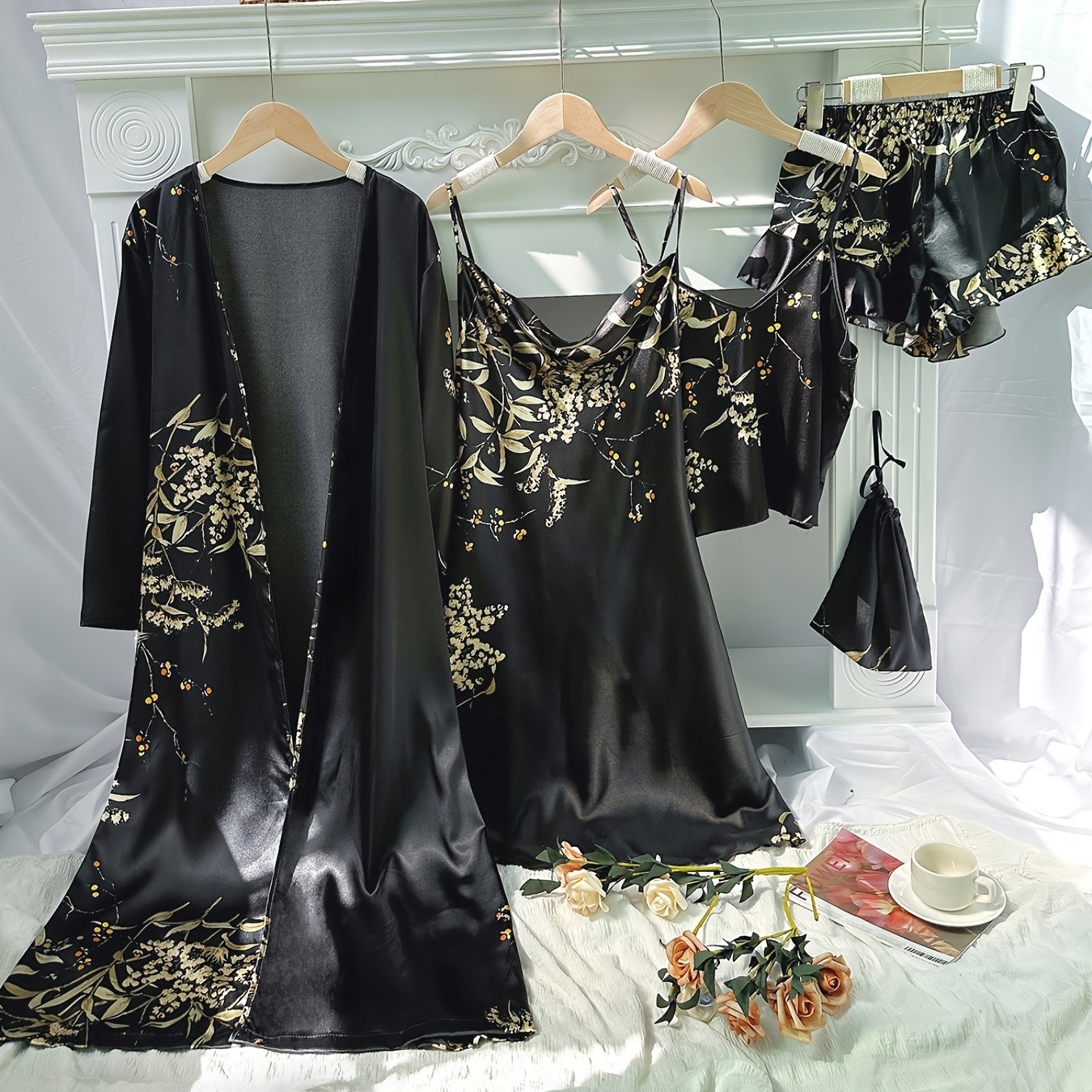 4pcs Floral Print Pajamas Set, Long Sleeve Robe + Cami Dress + Cami Top + Ruffle Hem Shorts, Women's Loungewear & Sleepwear