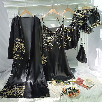 4pcs Floral Print Pajamas Set, Long Sleeve Robe + Cami Dress + Cami Top + Ruffle Hem Shorts, Women's Loungewear & Sleepwear
