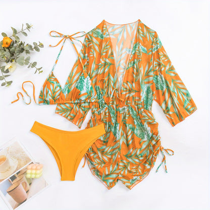 3-Piece Leaf Plant Print Bikini Sets, Triangle Halter Neck High Cut With Sheer Cover Up Drawstring Overall Swimsuit, Women's Swimwear & Clothing for Koningsdag/King's Day