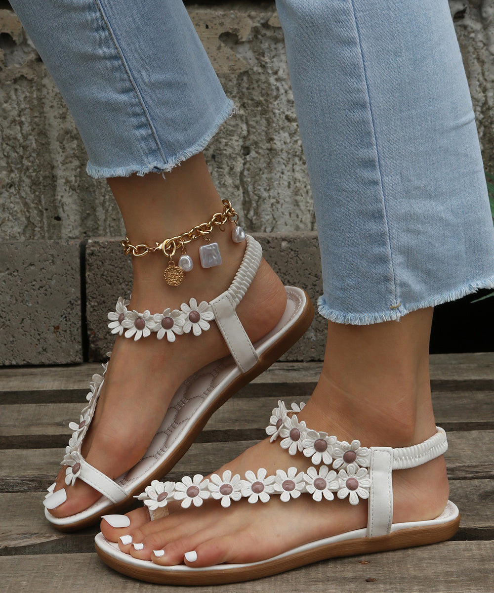 Women's Boho Flower Decor Flat Sandals, Toe Loop Elastic Strap Slip On Anti-skid Shoes, Casual Beach Travel Sadals