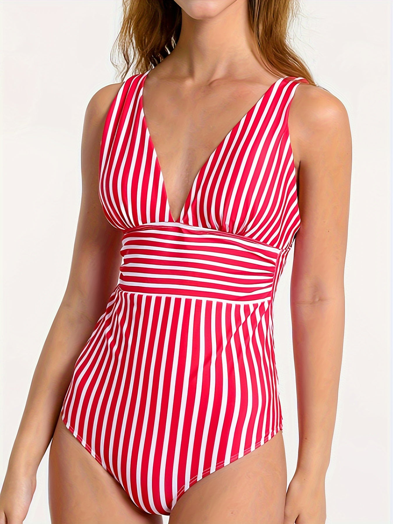 Striped Print Stretchy One Piece Swimsuit, Deep V Neck Tummy Control High Cut Bathing Suit, Women's Swimwear & Clothing