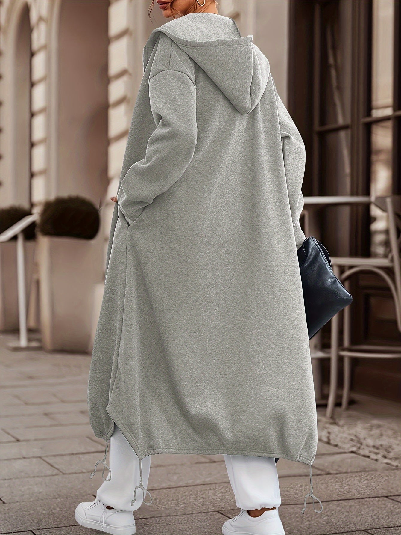 Zip-up Drawstring Midi Length Hoodie, Casual Long Sleeve Hoodie Coat, Women's Clothing