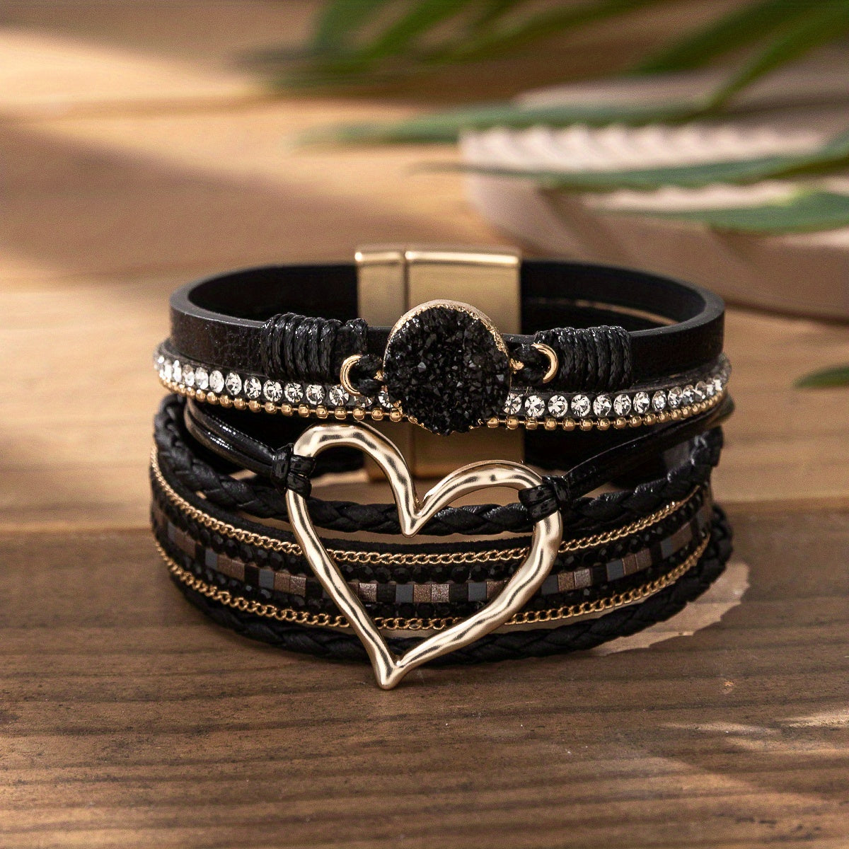 [Elegant] Boho Chic Love Heart Magnetic Clasp Bracelet - Multi-Layer PU Leather with Black Braided Design & Crystal Accents, Golden-Tone Metal Heart Pendant, Everyday Bohemian Style Jewelry for Women, Heart Jewelry