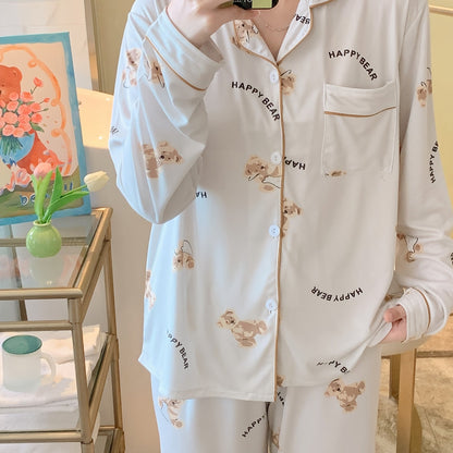 Cartoon Bear Print Pajama Set, Cute Lapel Long Sleeve Blouse Top & Elastic Waistband Pants, Women's Loungewear & Sleepwear