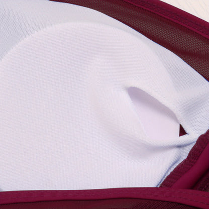 Contrast Mesh One Piece Swimsuit, V Neck Solid Color Backless Tummy Control High Cut Bathing Suit, Women's Swimwear & Clothing