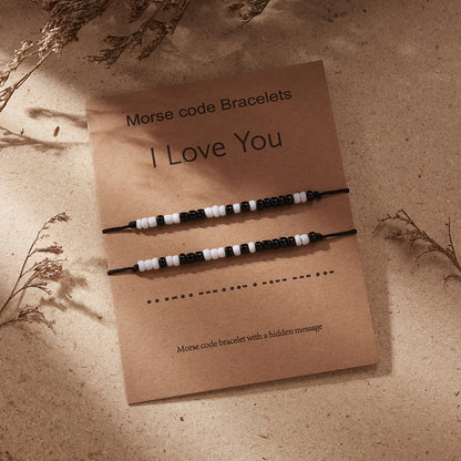 I Love You 2pcs/set Morse Code Black And White Rice Beads Woven Adjustable Couple Bracelets