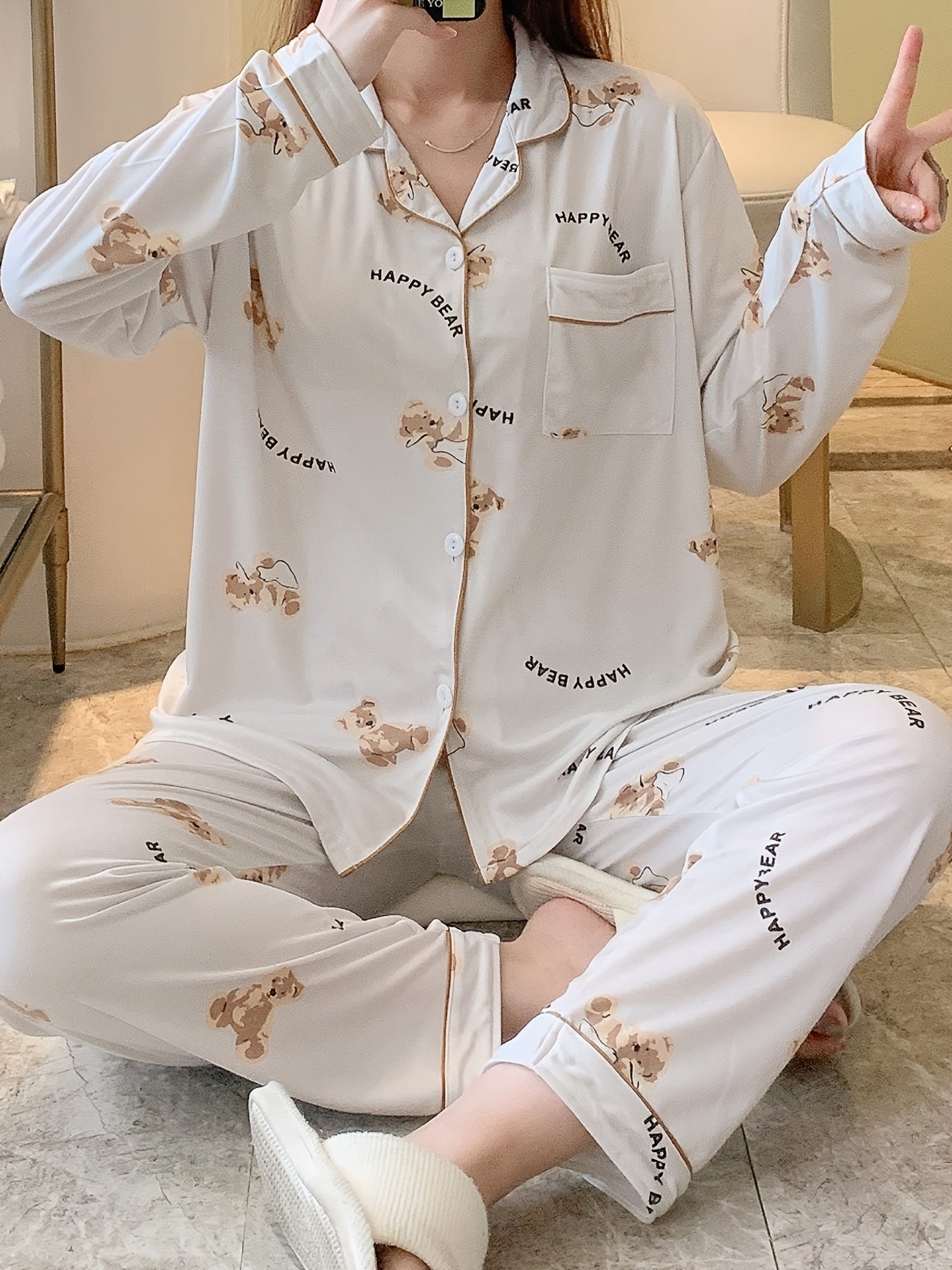 Cartoon Bear Print Pajama Set, Cute Lapel Long Sleeve Blouse Top & Elastic Waistband Pants, Women's Loungewear & Sleepwear