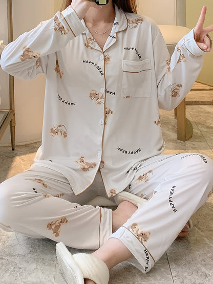 Cartoon Bear Print Pajama Set, Cute Lapel Long Sleeve Blouse Top & Elastic Waistband Pants, Women's Loungewear & Sleepwear