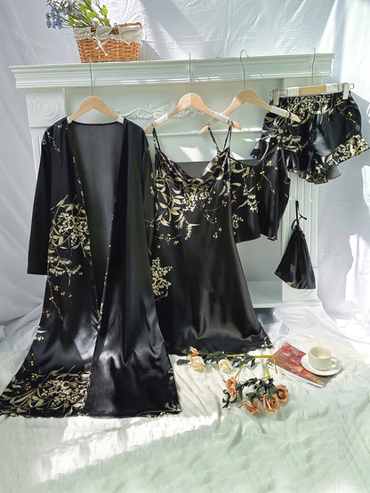 4pcs Floral Print Pajamas Set, Long Sleeve Robe + Cami Dress + Cami Top + Ruffle Hem Shorts, Women's Loungewear & Sleepwear