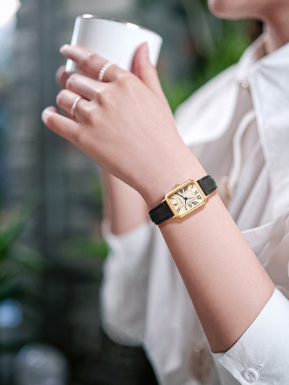 LUCKYFOX Women'S Elegant Vintage Square Roman Numeral Quartz Watch with Brown Faux Leather Strap, Golden-Tone Case & Dial - Non, Battery Operated, Luxury Accessory, Luxury Wristwatch, Classic Watch Design, Durable Watchband