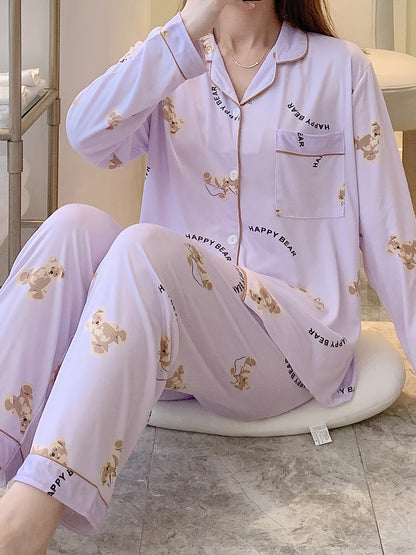 Cartoon Bear Print Pajama Set, Cute Lapel Long Sleeve Blouse Top & Elastic Waistband Pants, Women's Loungewear & Sleepwear
