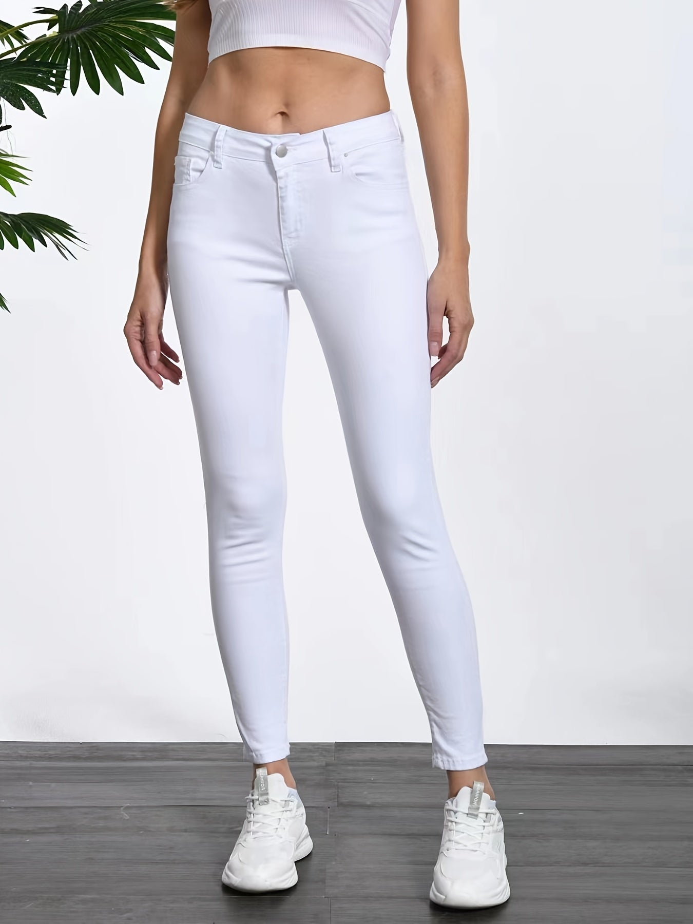 White Slim Fit Skinny Jeans, Slash Pockets High-Stretch Versatile Style Denim Pants, Women's Denim Jeans & Clothing