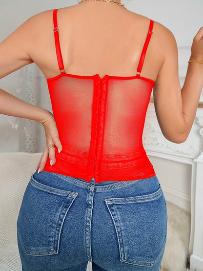 Semi-sheer Lace Fishbone Corset Tops, Sexy Mesh Wrap Chest Slim Breasted Thin Strap Top, Women's Lingerie & Underwear