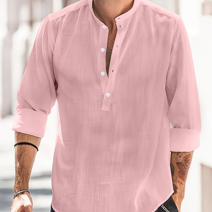 Classic Design Cotton Boat Neck Henley Shirt, Men's Casual Fit Vintage Style Long Sleeve Top For Spring Fall