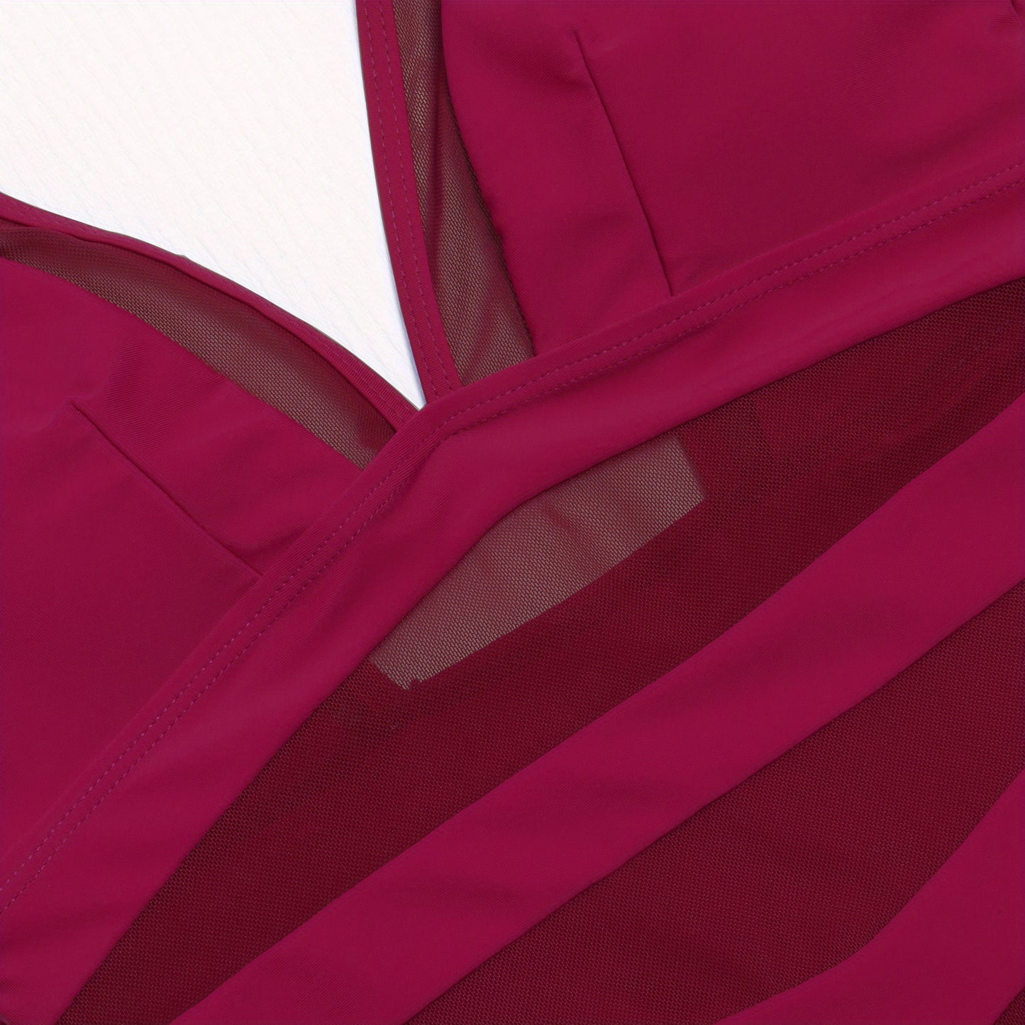 Contrast Mesh One Piece Swimsuit, V Neck Solid Color Backless Tummy Control High Cut Bathing Suit, Women's Swimwear & Clothing