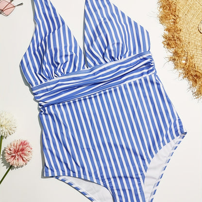 Striped Print Stretchy One Piece Swimsuit, Deep V Neck Tummy Control High Cut Bathing Suit, Women's Swimwear & Clothing