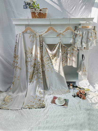 4pcs Floral Print Pajamas Set, Long Sleeve Robe + Cami Dress + Cami Top + Ruffle Hem Shorts, Women's Loungewear & Sleepwear