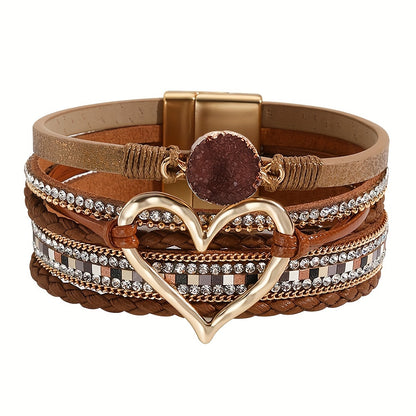 [Elegant] Boho Chic Love Heart Magnetic Clasp Bracelet - Multi-Layer PU Leather with Black Braided Design & Crystal Accents, Golden-Tone Metal Heart Pendant, Everyday Bohemian Style Jewelry for Women, Heart Jewelry