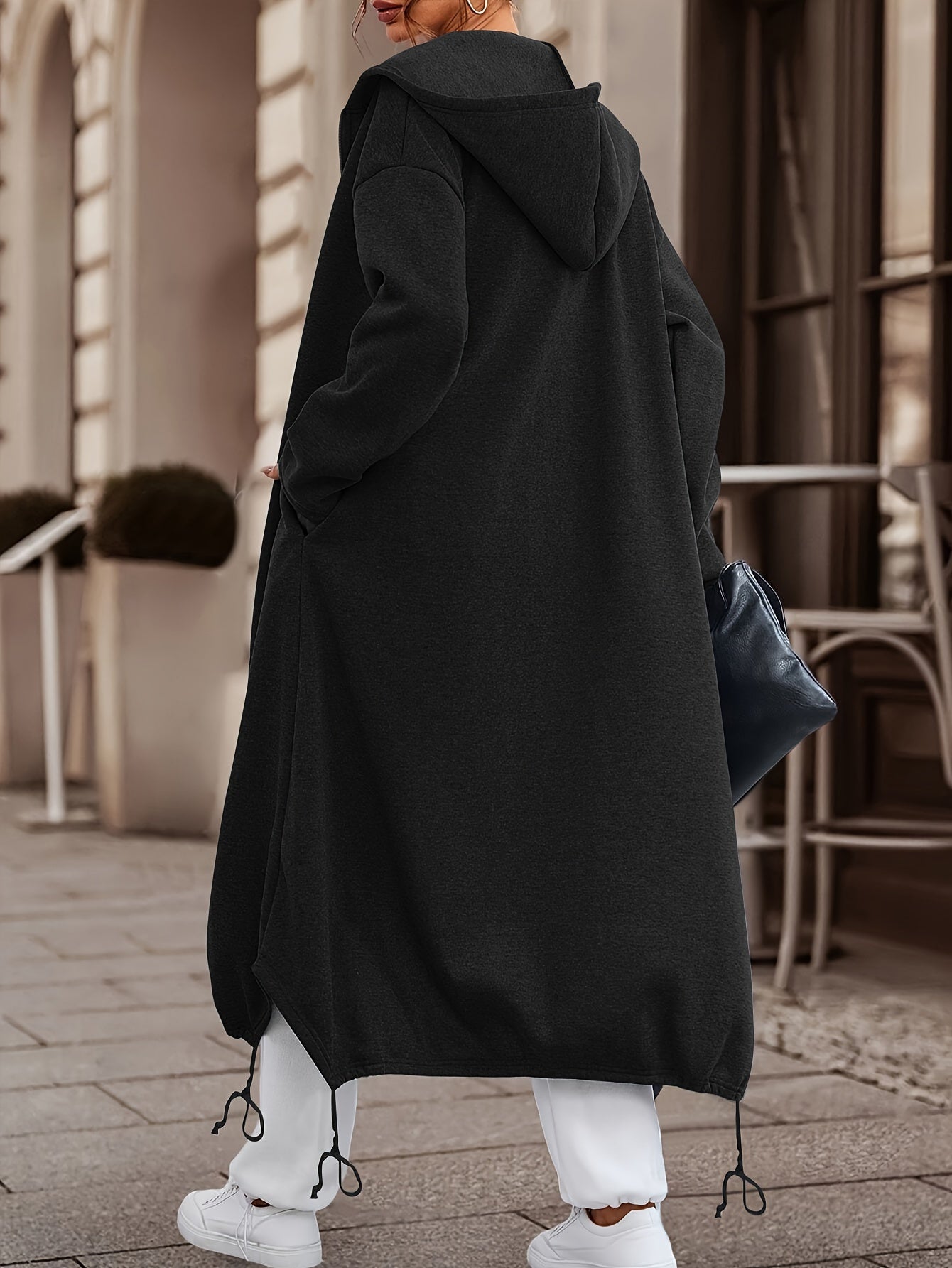 Zip-up Drawstring Midi Length Hoodie, Casual Long Sleeve Hoodie Coat, Women's Clothing