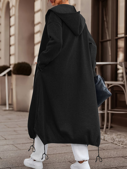 Zip-up Drawstring Midi Length Hoodie, Casual Long Sleeve Hoodie Coat, Women's Clothing