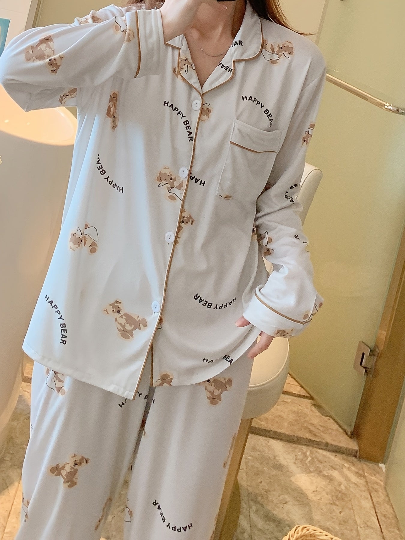 Cartoon Bear Print Pajama Set, Cute Lapel Long Sleeve Blouse Top & Elastic Waistband Pants, Women's Loungewear & Sleepwear