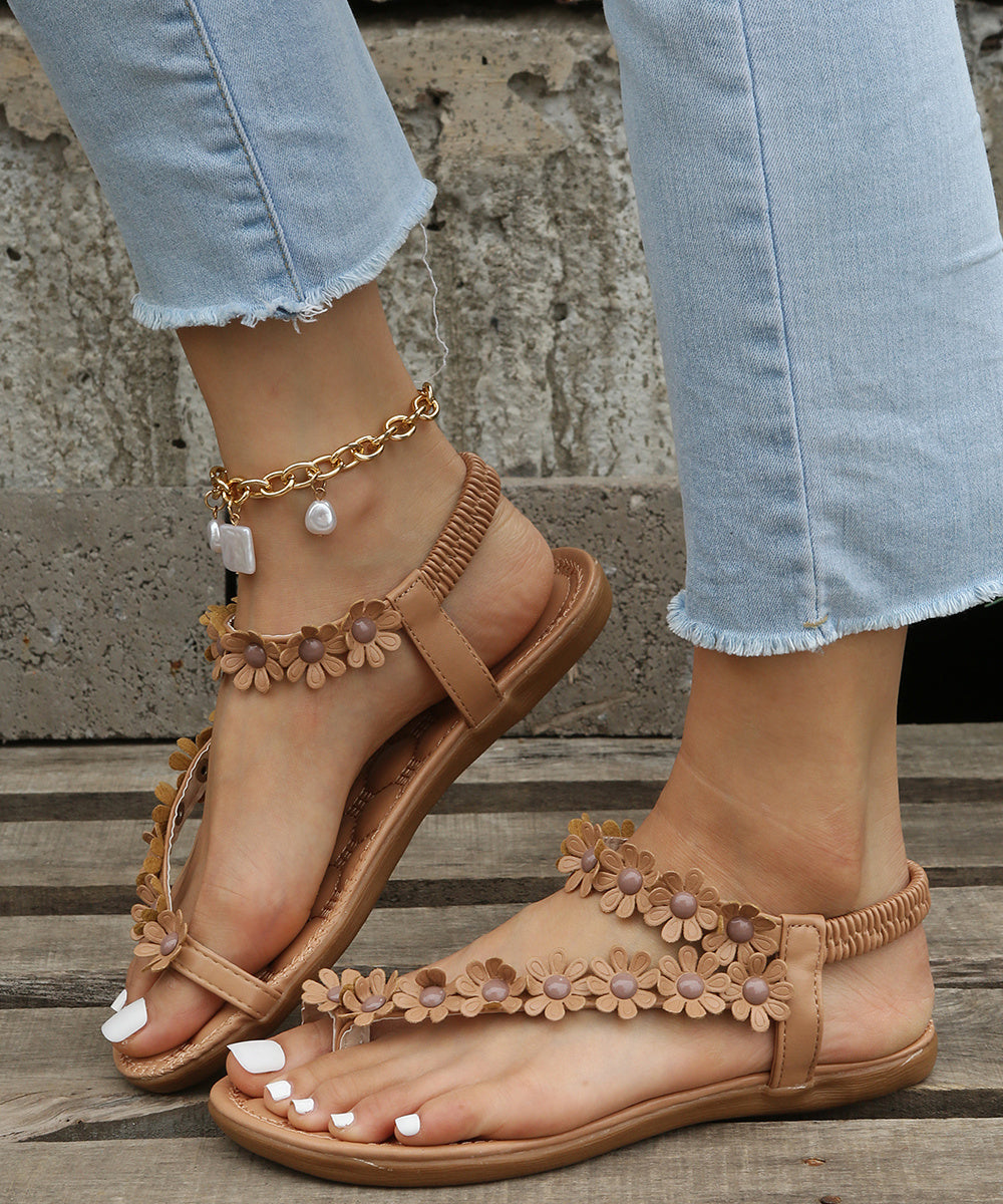 Women's Boho Flower Decor Flat Sandals, Toe Loop Elastic Strap Slip On Anti-skid Shoes, Casual Beach Travel Sadals
