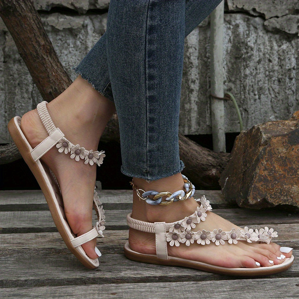 Women's Boho Flower Decor Flat Sandals, Toe Loop Elastic Strap Slip On Anti-skid Shoes, Casual Beach Travel Sadals